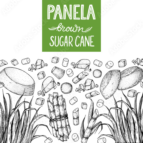 Panela sugar sketch. Hand drawn vector illustration. Vintage design template. Cane sugar. Gur or jggery powder. Organic unrefined. Vintage Design for packaging.