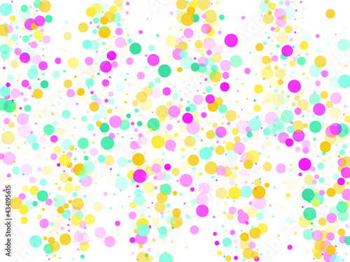 Memphis round confetti falling background in teal, crimson and yellow on white. Childish pattern vector, children's party birthday celebration background. Holiday confetti circles in memphis style.