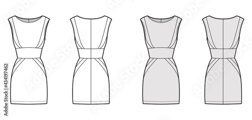 Dress panel tube technical fashion illustration with hourglass silhouette, sleeveless, fitted body, mini length skirt. Flat apparel front, back, white, grey color style. Women, men, unisex CAD mockup