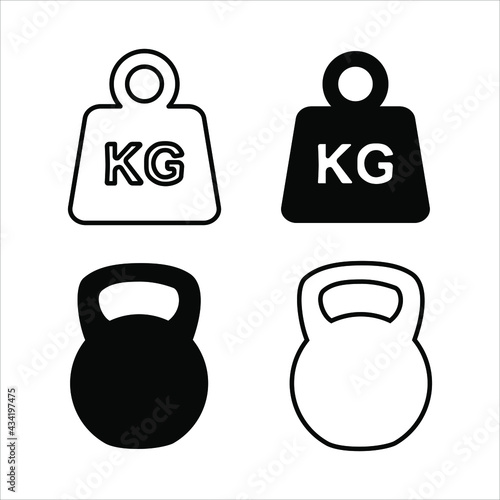 Set of Simple KG weight silhouette icon and Kettlebell icon isolated on white background.