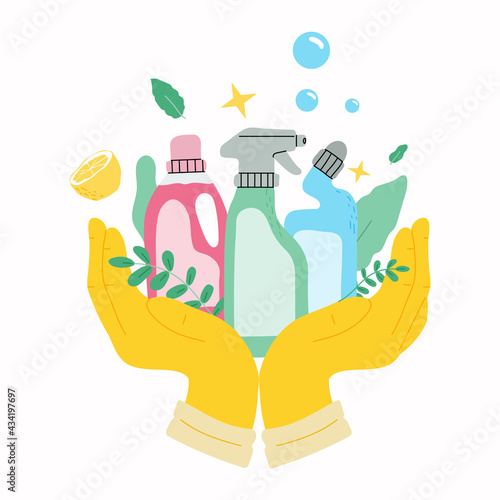 Eco friendly cleaning products.Hands in gloves holding window-cleaner product in bootle and detegent.Vector illustration