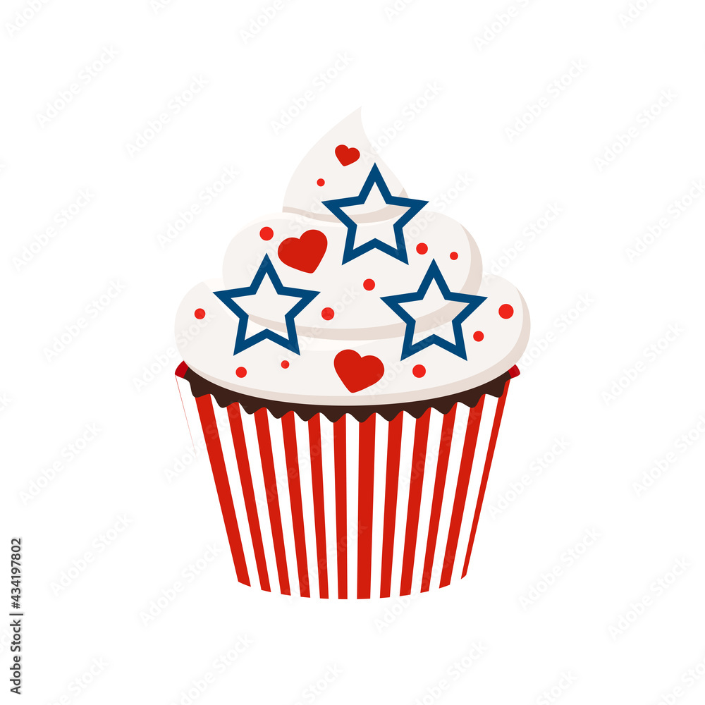 4th of July cupcake sweets food. USA happy independence day icing muffin  with red heart and blue stars. Flat design cartoon holiday dessert vector  clip art illustration. Stock Vector | Adobe Stock