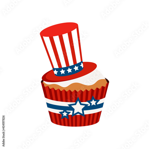 4th of July cupcake patriotic sweets food with hat. USA happy independence day icing muffin with blue stars and red cylinder hat. Flat design cartoon holiday dessert vector food clip art illustration.
