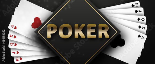 Poker on a black background and royal flush of the suit of hearts and clubs. Background for casino advertising, poker, gambling. Vector illustration.