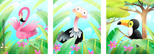 Cute baby toucan, flamingo and ostrich in green nature framed with leaves, grass and trees. Colorful birds poster or greeting cards collection for kids, vector illustration in watercolor style.