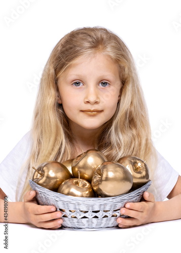 Girl with golden lips and silver basket with golden apples.