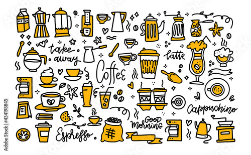 Coffee color black white doodle big set. Coffee to go, take away, coffee pots, cups and design elements with lettering.