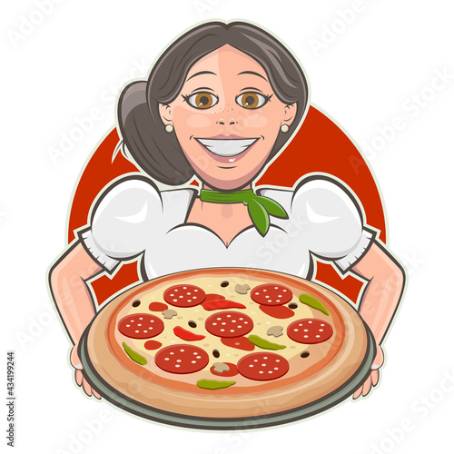 italian girl serving delicious pizza cartoon logo