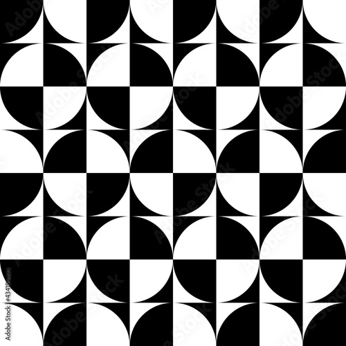 Four quarters of circles in black and white. Checkered circles divided by for.