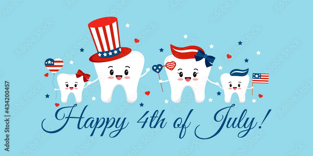 Independence day teeth happy family isolated. Smiling tooth with faces - mum, dad, son, daughter and USA photo booth props glasses, hat, flag,American independence day teeth happy family greeting card - obrazy, fototapety, plakaty 