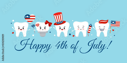 Cute 4th July teeth with accessories on dentist greeting card. White independence day teeth emoji implant, in braces in hat with flag, fireworks photo props. Flat design cartoon vector illustration. 