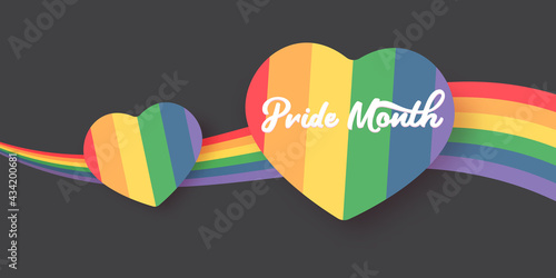 Happy pride month horizontal banner with heart and pride color flag isolated on grey background. Pride month or pride day poster, flyer, invitation party card deign template.