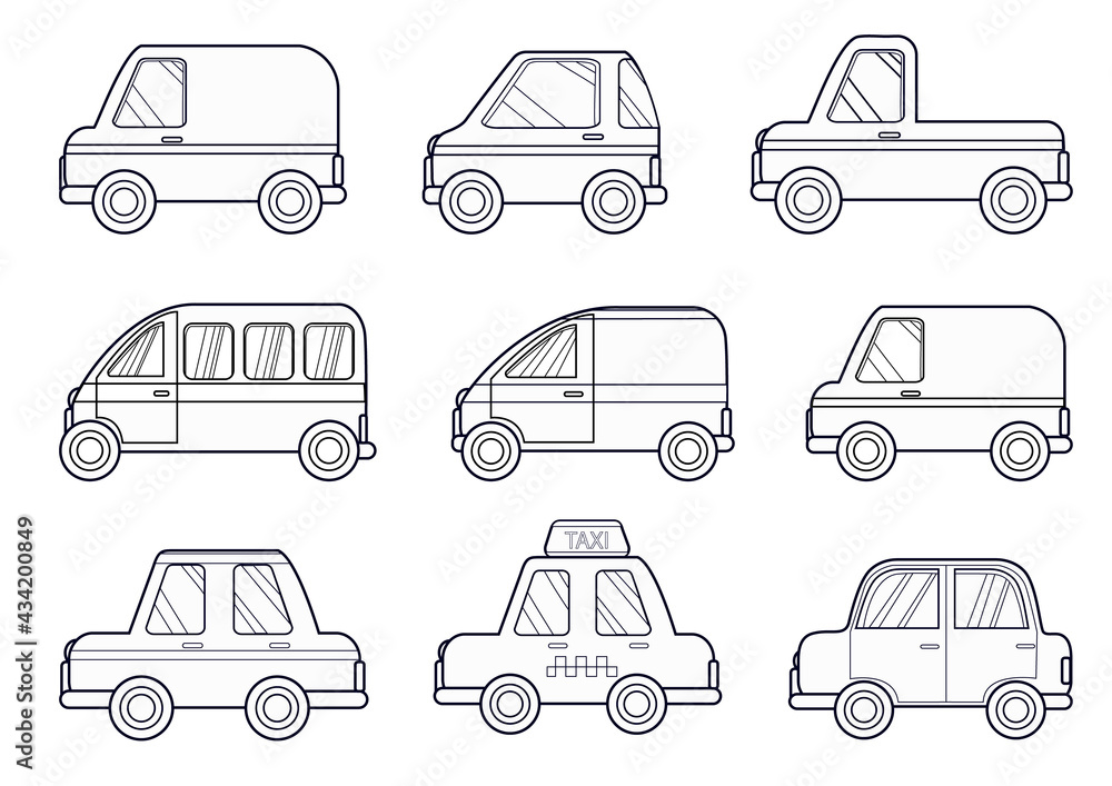 Coloring book set cartoon cars. Vector illustration outline drawing