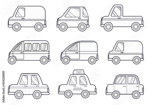 Coloring book set cartoon cars. Vector illustration outline drawing vehicle.