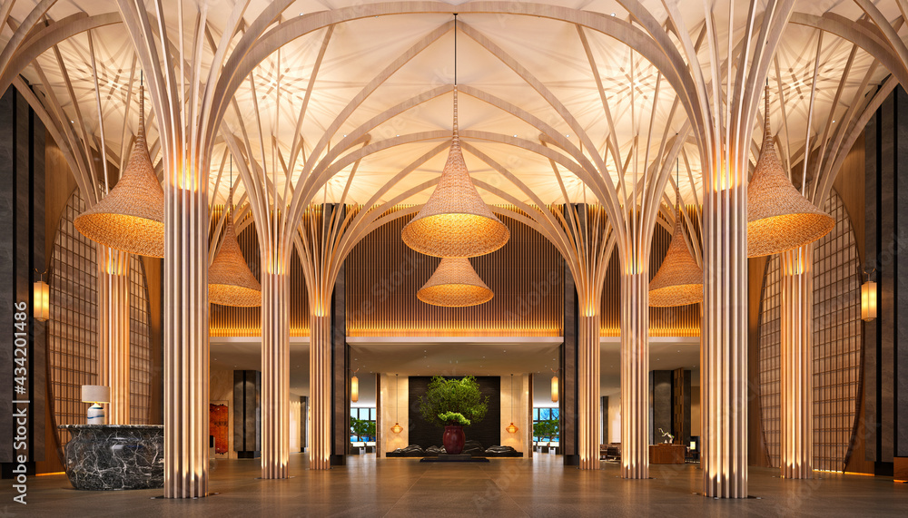 3d render of luxury hotel entrance reception lobby - obrazy, fototapety, plakaty 