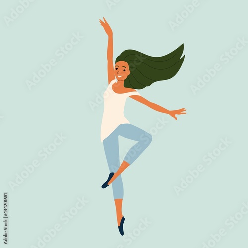 Young girl dancing modern dance, dancer in graceful pose, female character in cartoon style, vector illustration, isolate.