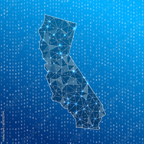 Network map of California. US state digital connections map. Technology, internet, network, telecommunication concept. Vector illustration.