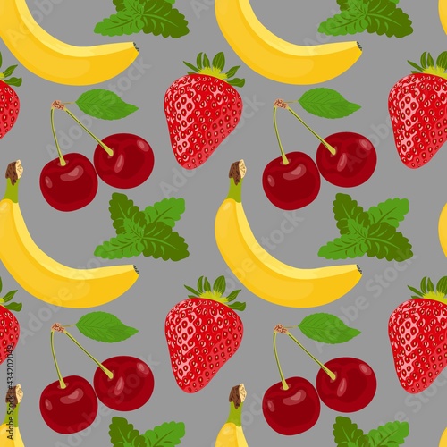 Fresh tasty summer fruits seamless vector pattern design. Seamless pattern with summer fruits like banana  mint  strawberry and cherry. Healthly food. Summer diet.