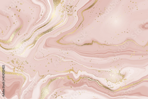 Abstract dusty rose liquid marble or watercolor background with glitter foil textured stripes. Pastel marbled alcohol ink drawing effect. Vector illustration design template for wedding invitation