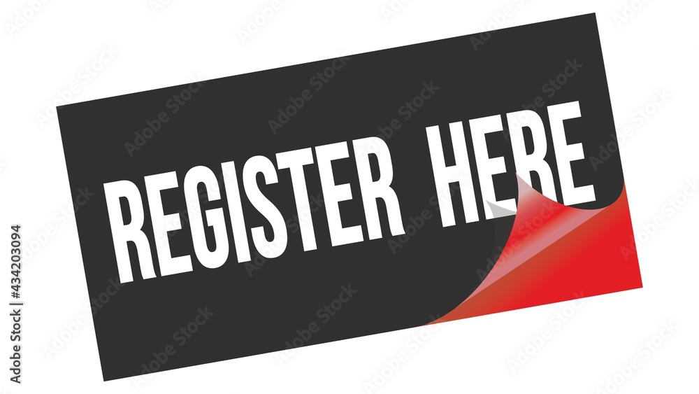 REGISTER HERE text on black red sticker stamp. REGISTER HERE text on black red sticker stamp.