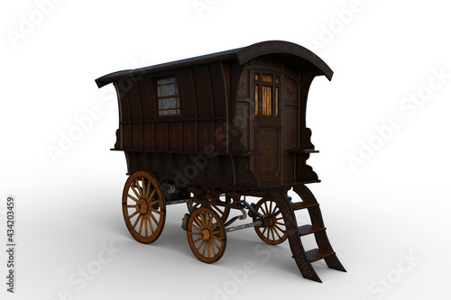 3D rendering of a vintage wooden Romany gypsy caravan isolated on white.