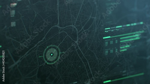 Futuristic security spy program interface. Dynamic modern HUD. GPS location tracking or scanning software. Red marker, indicator moving on map. Satellite view. Hi-tech. 3D Render 4K animation concept