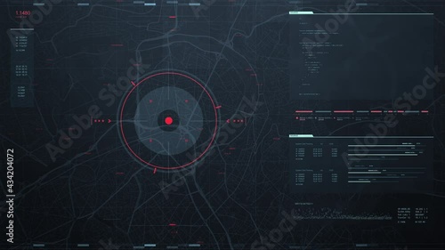 Futuristic security spy program interface. Dynamic modern HUD. GPS location tracking or scanning software. Red marker, indicator moving on map. Satellite view. Hi-tech. 3D Render 4K animation concept