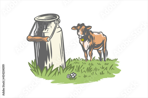 Vector image of milk can in front on grass and cow in back looking at you.