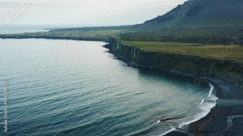 Snaefellsjoekull national park, Iceland. Aerial drone fly close to coatline photo