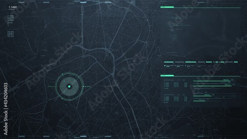 Futuristic security spy program interface. Dynamic modern HUD. GPS location tracking or scanning software. Red marker, indicator moving on map. Satellite view. Hi-tech. 3D Render 4K animation concept