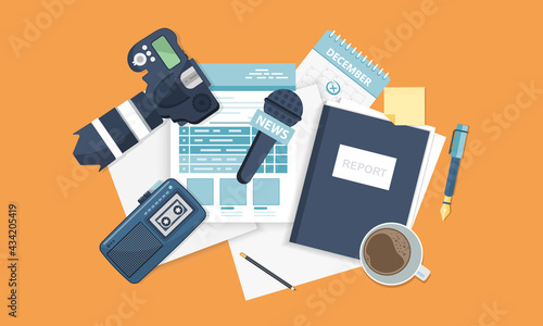 Journalism. Camera and photos. Mass media, television, interview, breaking news, press conference concept. Flat vector