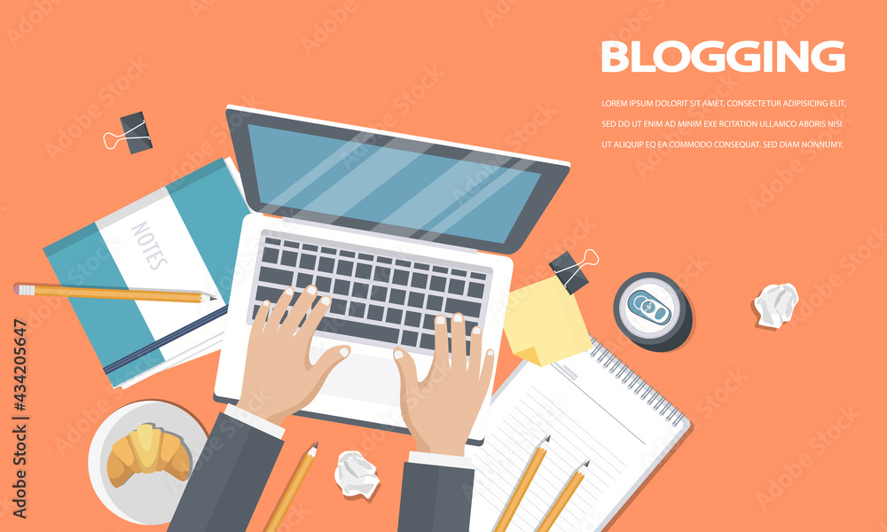 Blogging and journalism concept. Write you story. Flat vector design Blogging and journalism concept. Write you story. Flat vector design