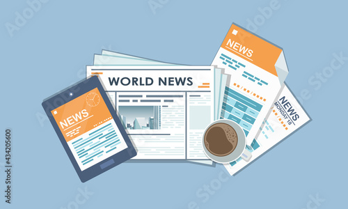 Vector illustration. Flat header. Online news. Newsletter and information. Business and market news. Financial report and coffee on table