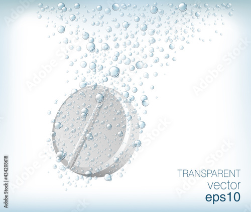Vector white solvable tablet in the blue water.  Vitamin pill soluble in fizzy water with bubbles. Medical, pharmacy and healthcare background