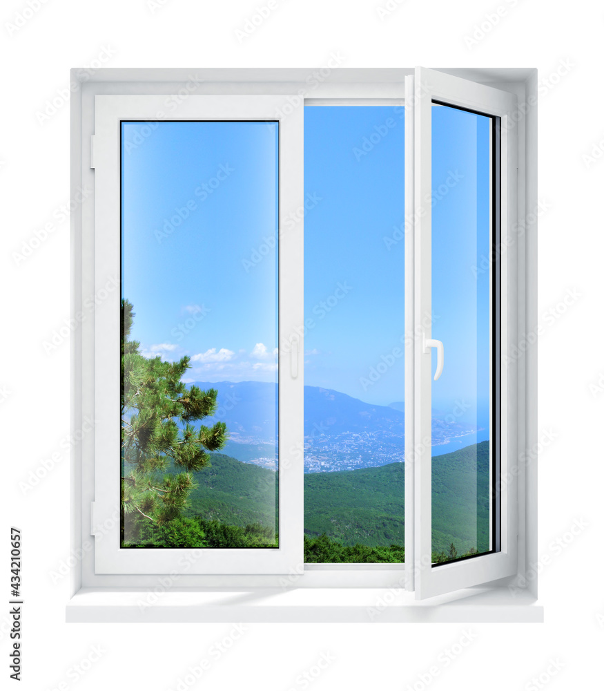 New opened plastic glass window frame isolated on the white background model. 3d illustration. New opened plastic glass window frame isolated on the white background model. 3d illustration.