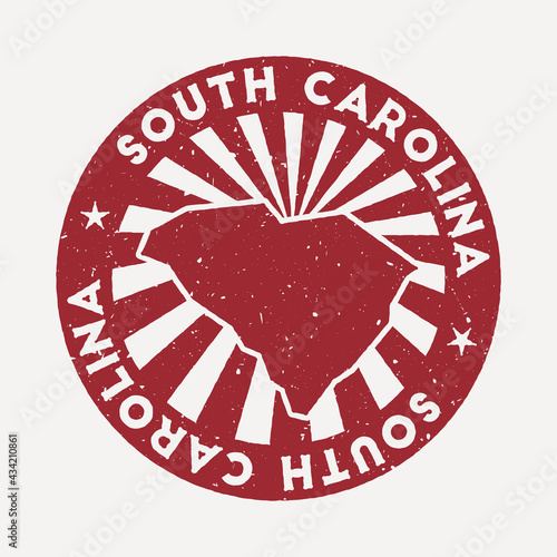 South Carolina stamp. Travel red rubber stamp with the map of US state, vector illustration. Can be used as insignia, logotype, label, sticker or badge of the South Carolina.