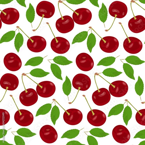 Pattern with ripe red juicy cherries on a white background. Sweet red cherries with leaves and branches on a white surface. Seamless vector texture. Organic food.
