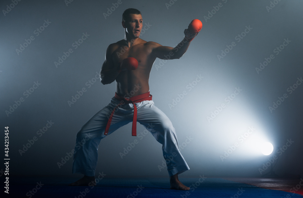 The man in a kimono practicing karate moves The man in a kimono practicing karate moves