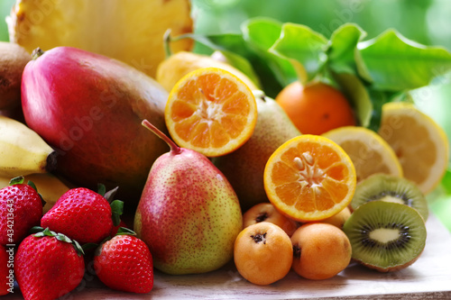 strawberry  loquats  mango  pears and sliced citric fruits