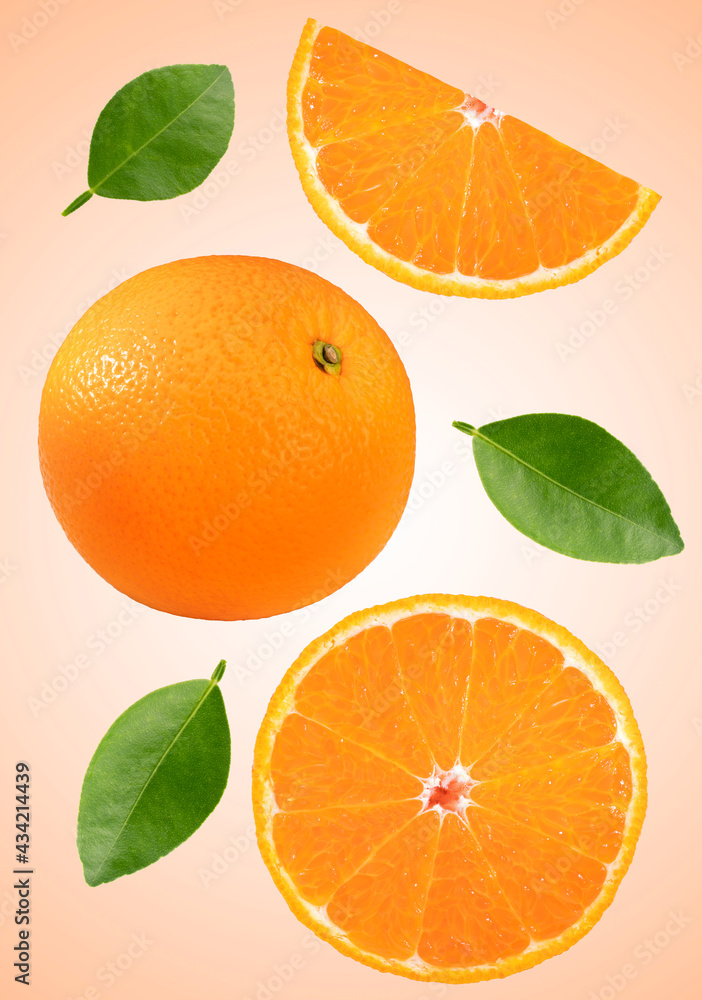 Orange with green leaf isolated on orange background, Fresh Orange and slice on orange With clipping path. Orange with green leaf isolated on orange background, Fresh Orange and slice on orange With clipping path.