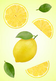 Fresh ripe lemons isolated on yellow background, Lemon Fruit with leaf on a yellow background, With clipping path