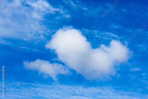 Blue sky and white clouds. Beautiful sky with unusual clouds. Background with summer cloudy sky