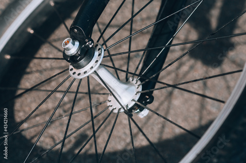 Bicycle wheel. Spoked wheel close-up. Bicycle wheel hub