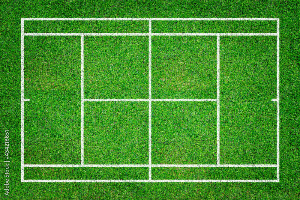Grass tennis court field with white line pattern. Baseline for sport game background. Top view.