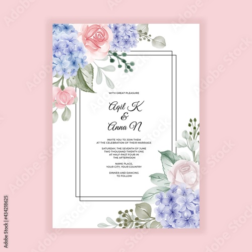 hydrangea blue with rose wedding invitation template