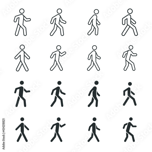 Walk line and glyph icon set. Simple outline and solid style collection. Pedestrian, man, pictogram, human, side, walkway concept symbol. Vector illustration isolated on white background. EPS 10.