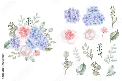 set of isolated hydrangea blue with rose watercolor illustration