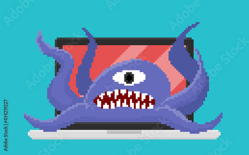 Pixel art, vector of computer virus attacking laptop. One eyed monster is a symbol of computer virus. Illustration
