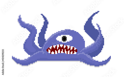 pixel art of purple monster with tentacles.  Vector flat design illustration.