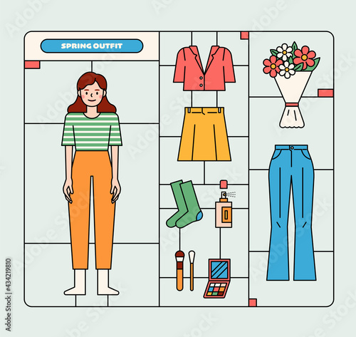 Women's Spring Fashion Full Set. Plastic model kit concept. flat design style minimal vector illustration.